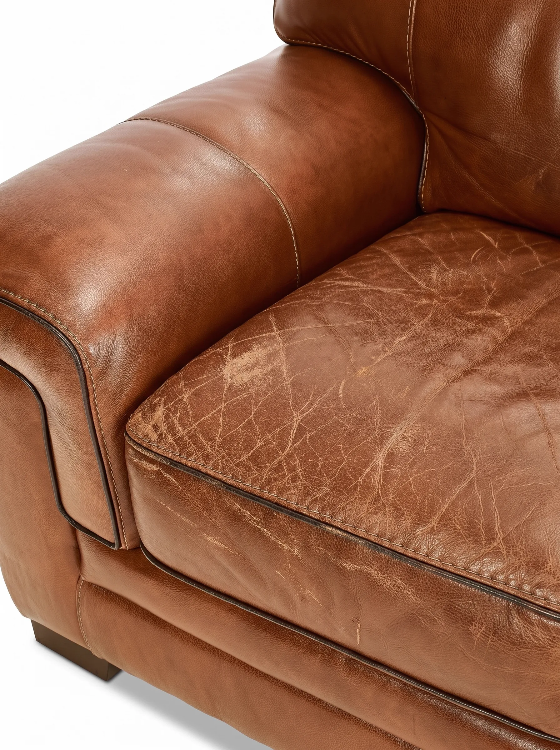 Dry, cracked cognac leather armchair seat before restoration